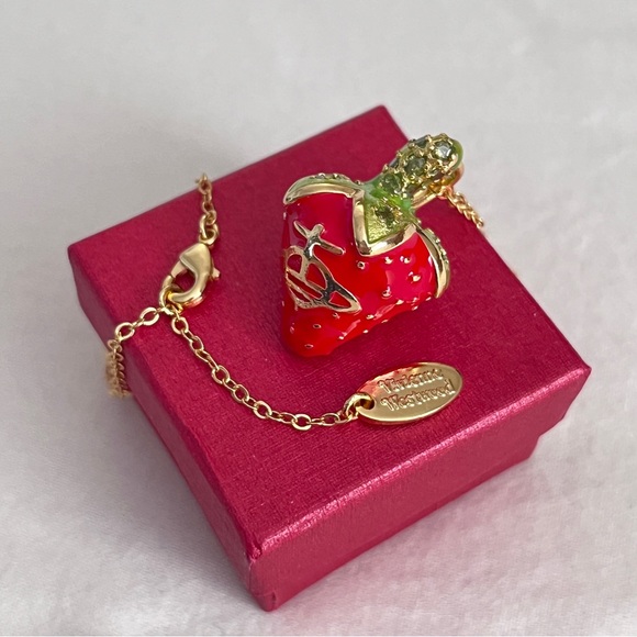 Strawberry Enamel Gold-Tone Pendant Necklace 👚 - Picture 3 of 5